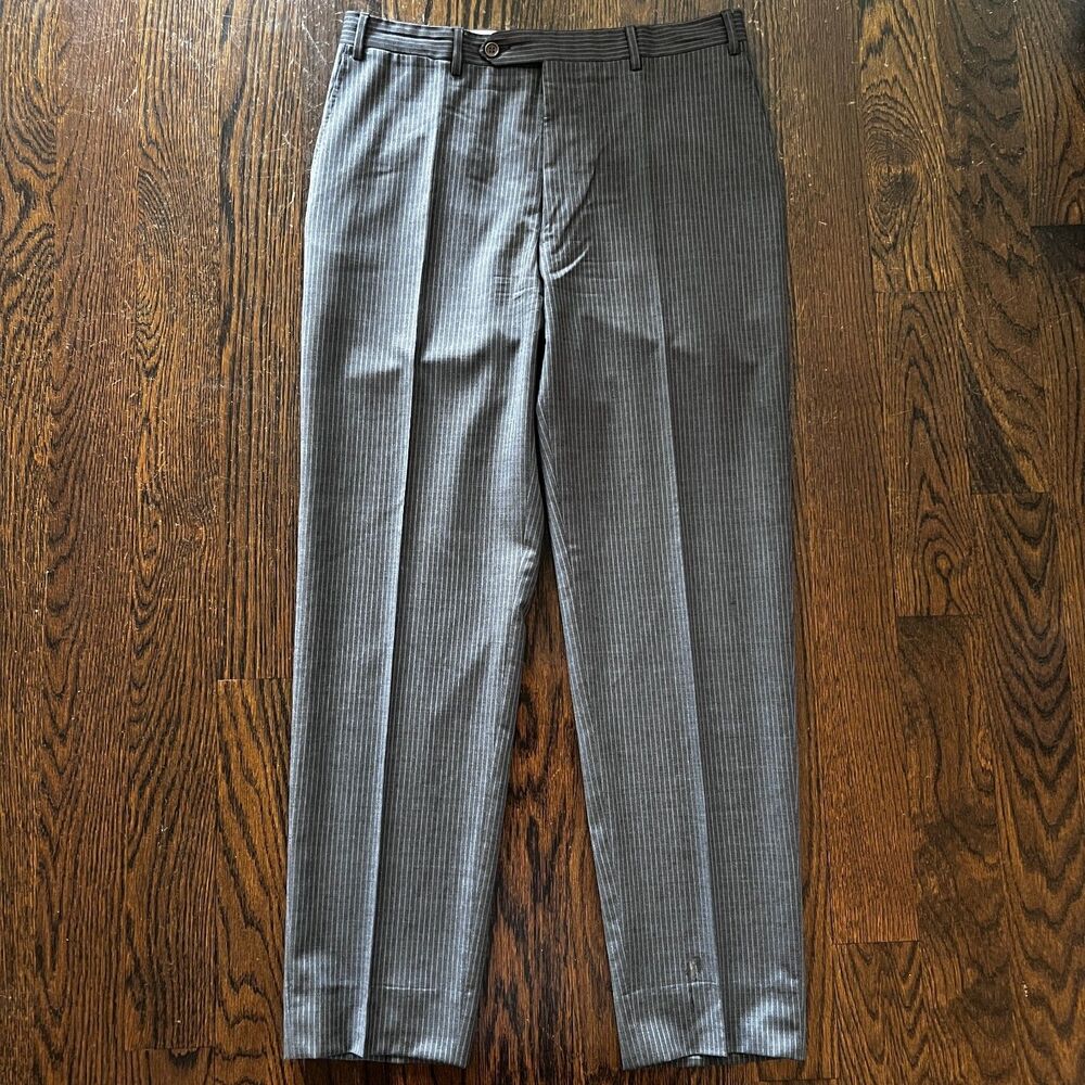 Canali Dress Pants Mens 34 Grey Pinstripe 100% Wool Flat Front Cuffed Italy EUC